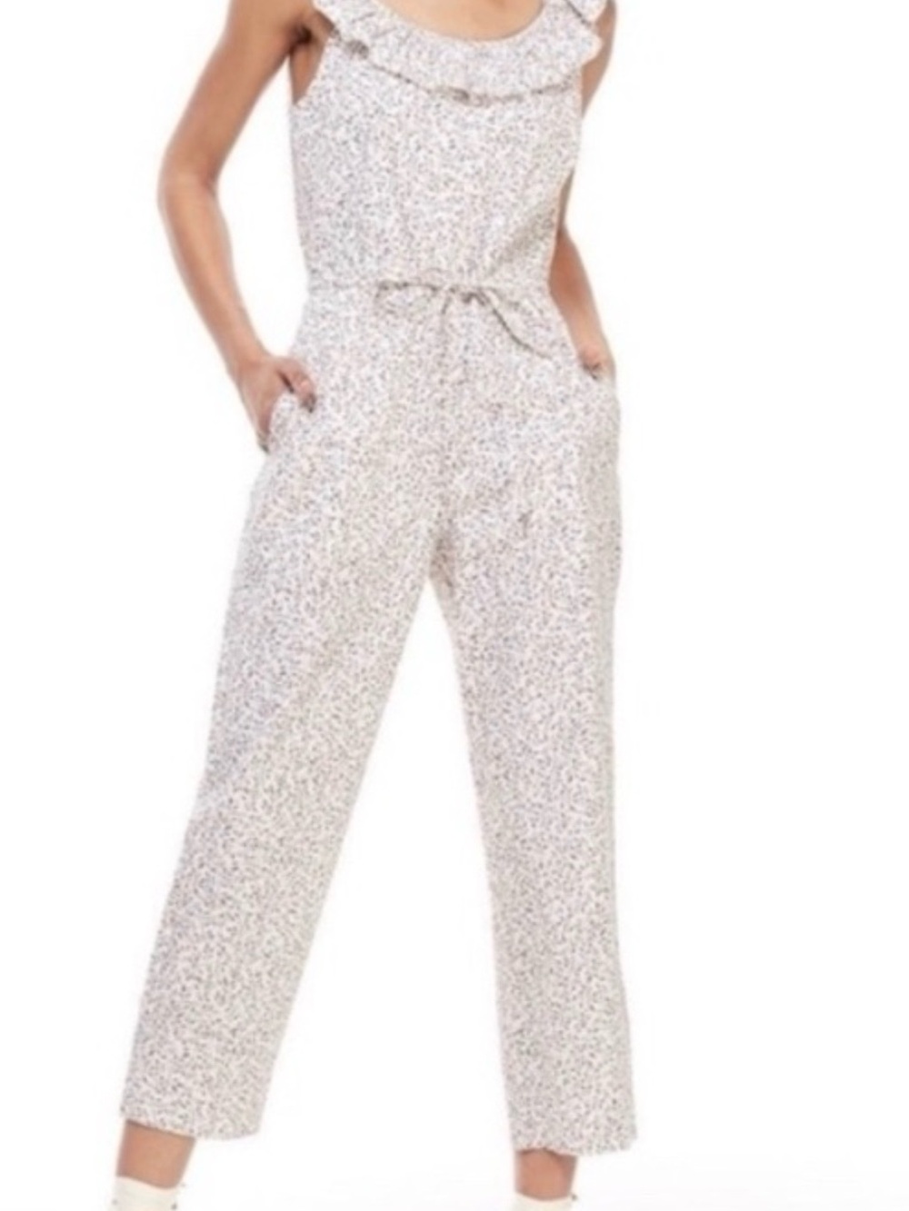 Women's Cream Floral Jumpsuit with Ruffle Neck